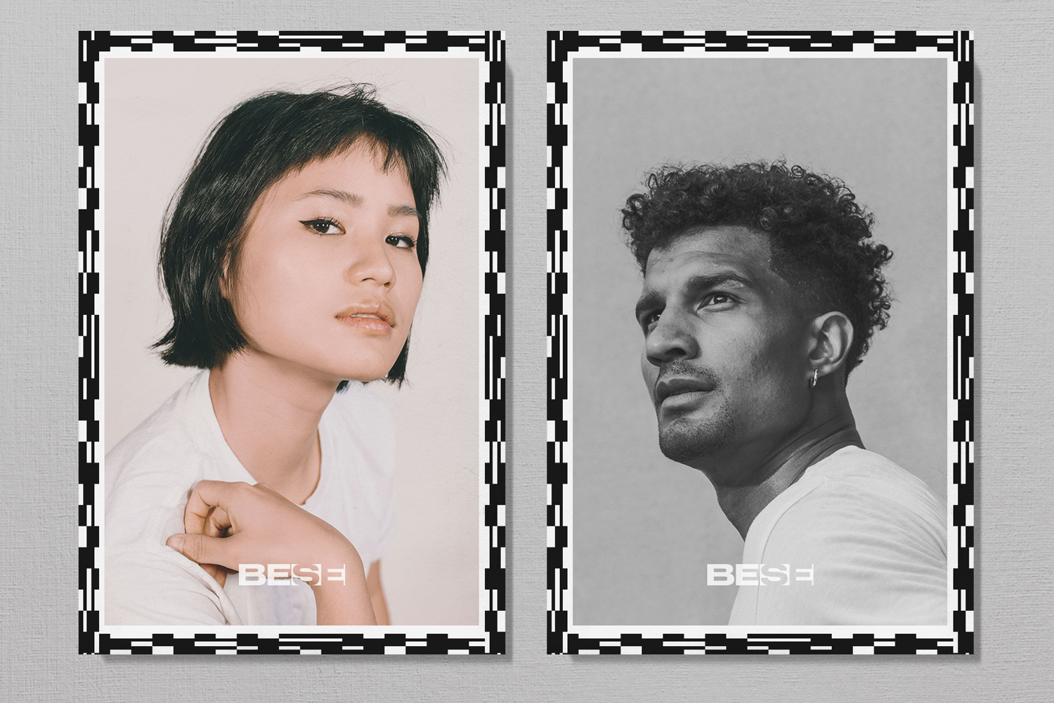 Two portrait panels featuring people with the BESE brand logo framed by a black and white geometric patterned border