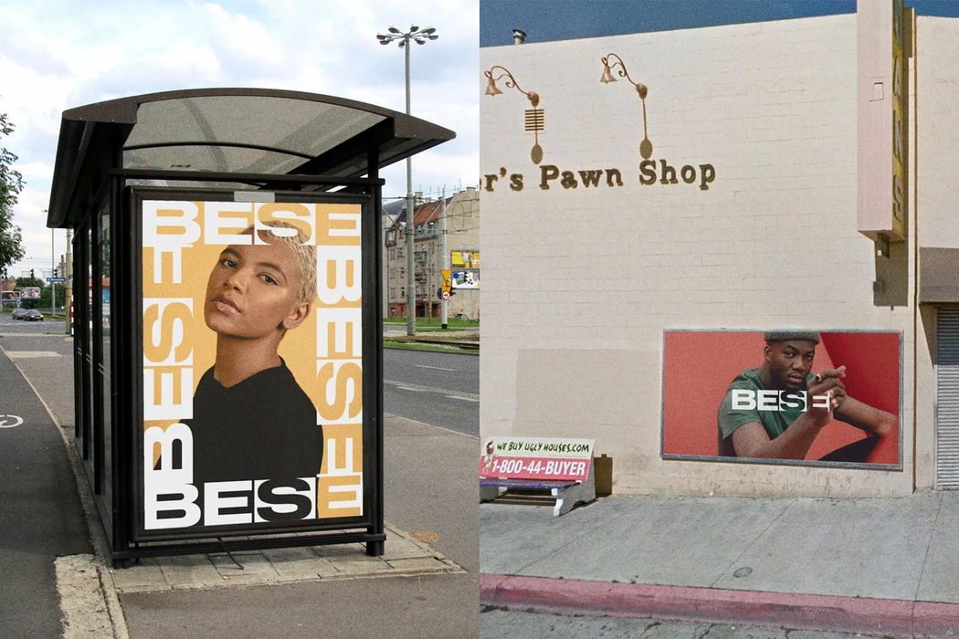 Out of home advertising posters for BESE displayed on a street bus shelter and a pawn shop exterior wall.
