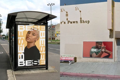 Out of home advertising posters for BESE displayed on a street bus shelter and a pawn shop exterior wall.