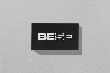 Black rectangular brand identity card featuring bold white BESE logo text resting on a light grey textured surface.