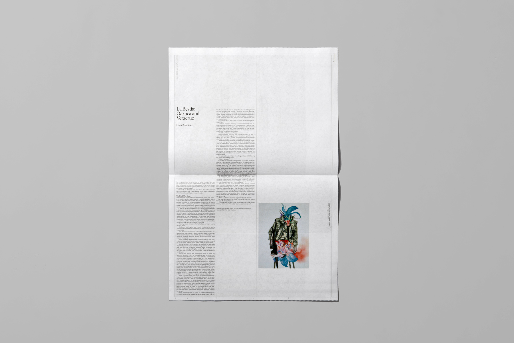 An open newspaper spread on a grey background featuring typographic layout and an inset editorial illustration.