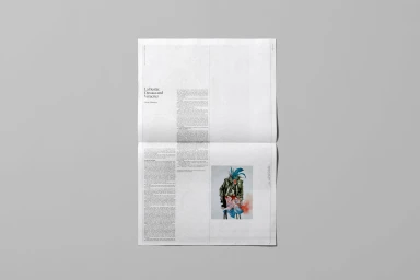 An open newspaper spread on a grey background featuring typographic layout and an inset editorial illustration.