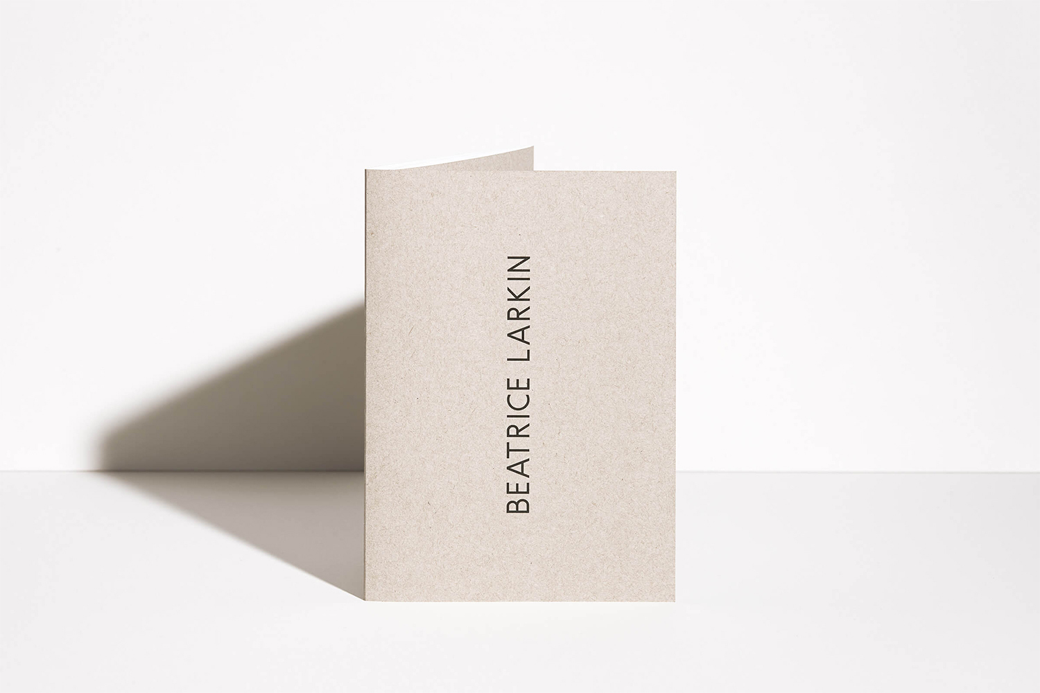 Beatrice Larkin brand identity printed card on textured paper against a clean white seamless studio background.