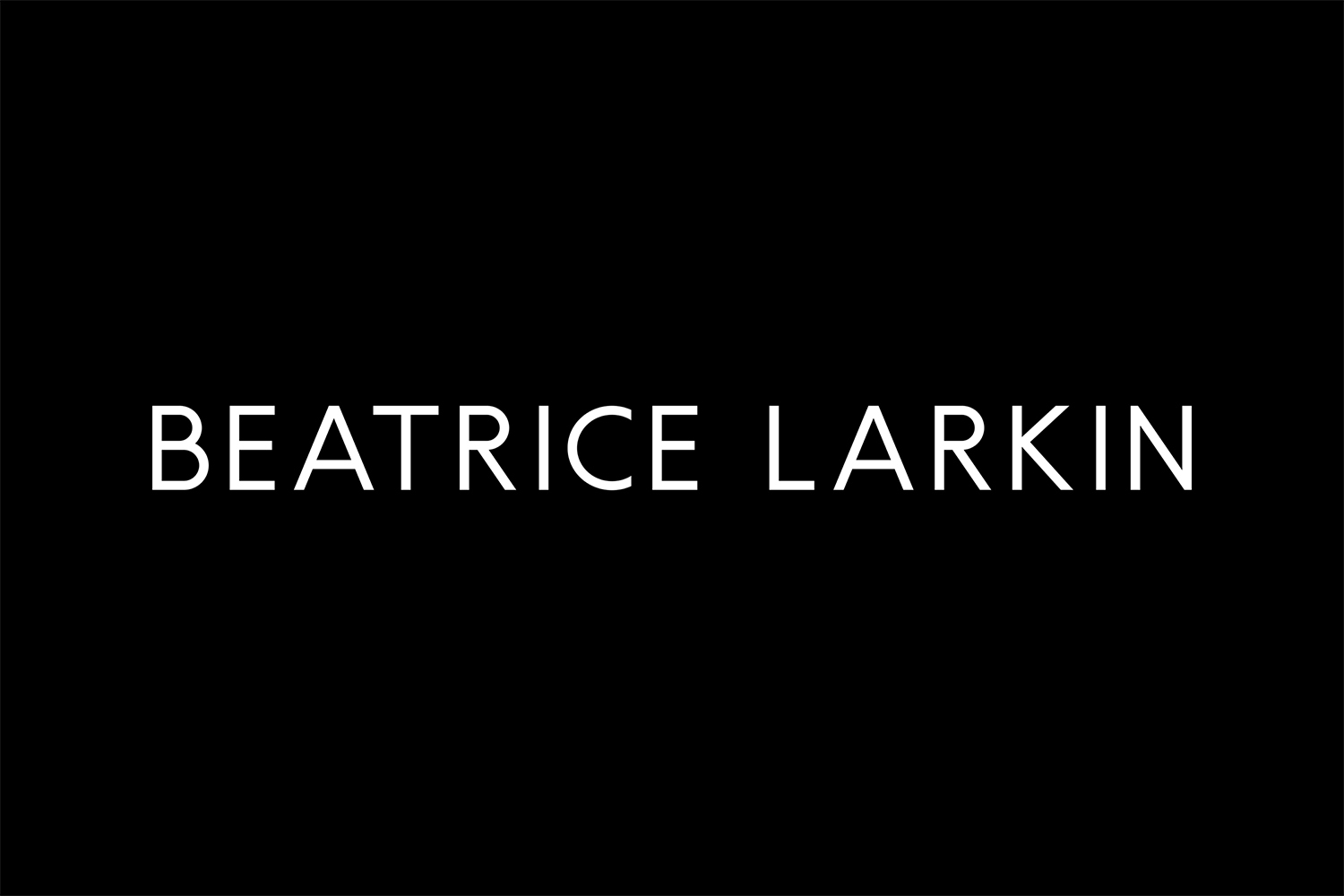 Beatrice Larkin brand identity typographic logo centered in white uppercase letters on a solid black background.