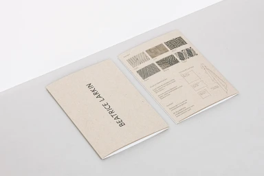 Two printed Beatrice Larkin brand identity brochures resting flat on a clean grey studio surface.