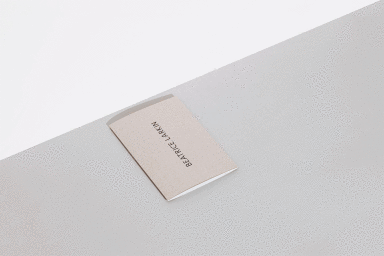 Beatrice Larkin business card resting on a minimalist grey and white geometric surface