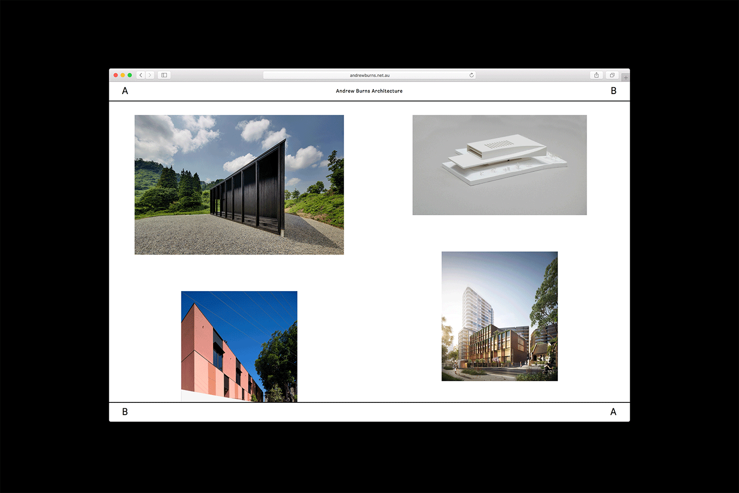 Browser window showing brand identity design for Andrew Burns Architecture with multiple architectural photo layouts