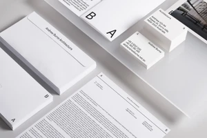 Minimalist stationery set featuring white business cards, letterheads, and envelopes with clean typography for Andrew Burns Architecture.