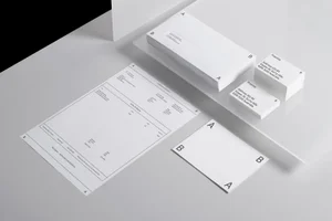 Minimalist stationery set featuring white letterhead, envelopes, and business cards arranged on an angled neutral surface.