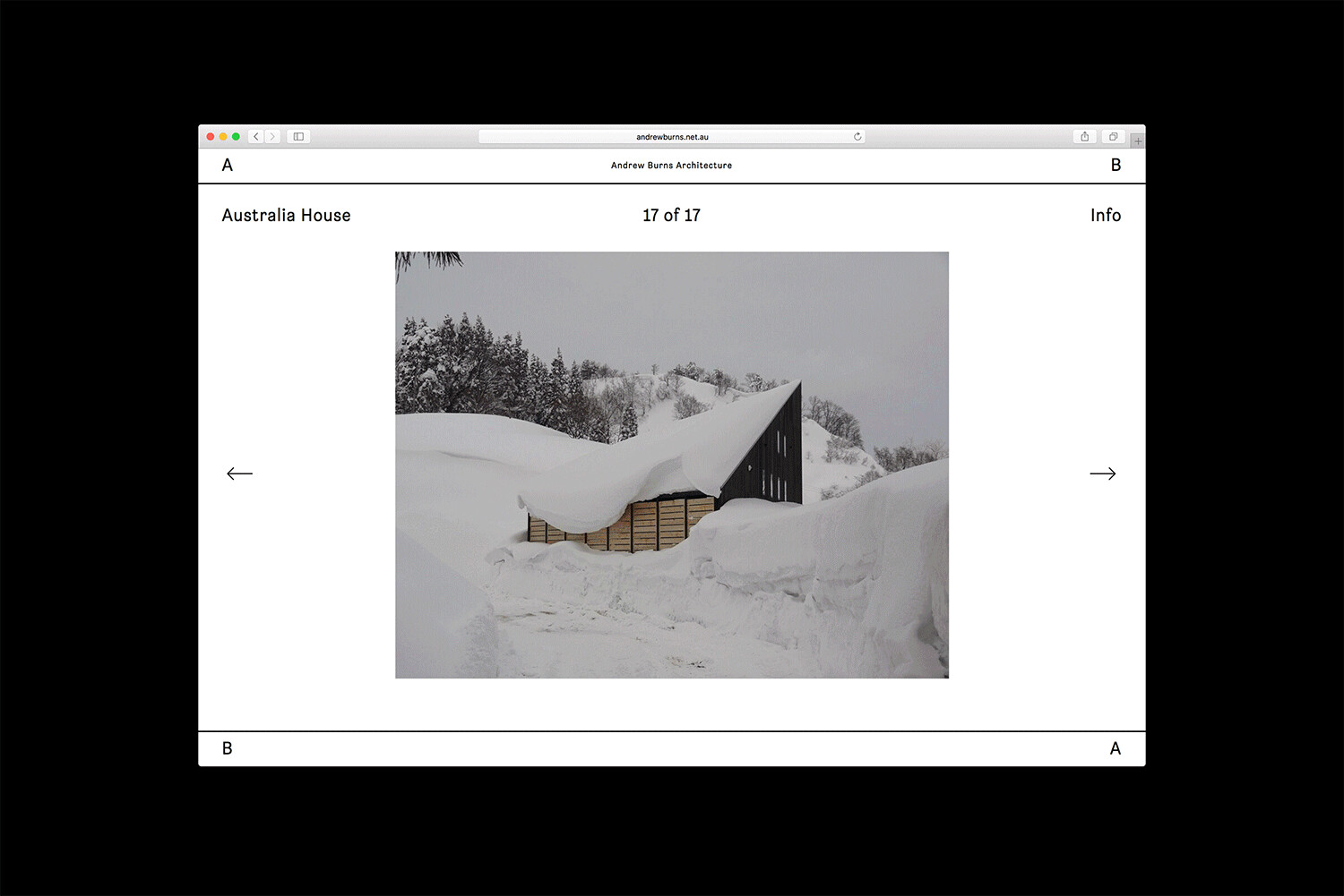 Browser window showing brand identity design for Andrew Burns Architecture with multiple architectural photo layouts