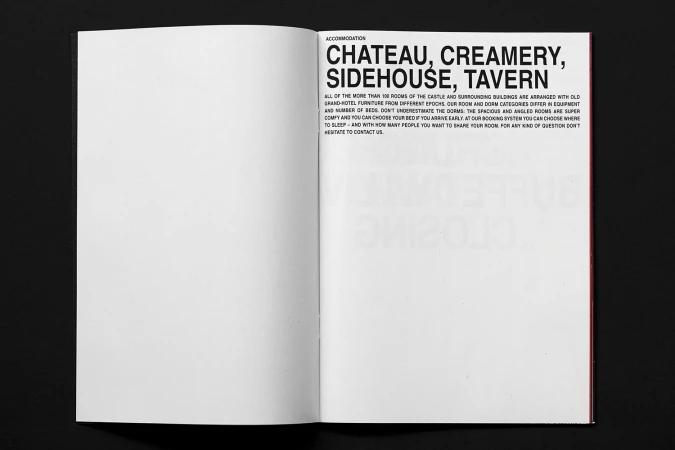 Open pages of a printed booklet featuring bold black typography on white paper for Hotel Glasnost brand identity.