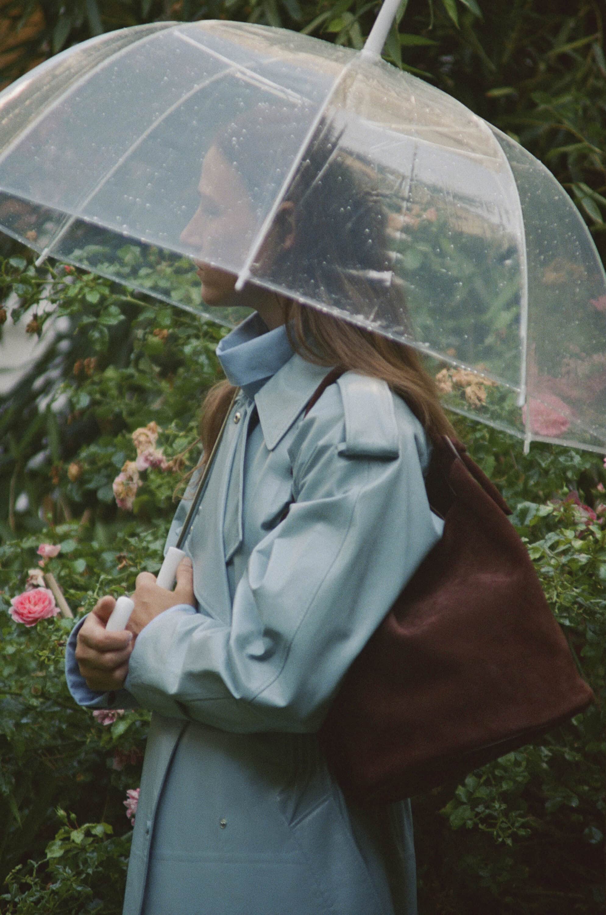 Woman in a blue trench coat holding a clear umbrella over her shoulder with a brown handbag outdoors.