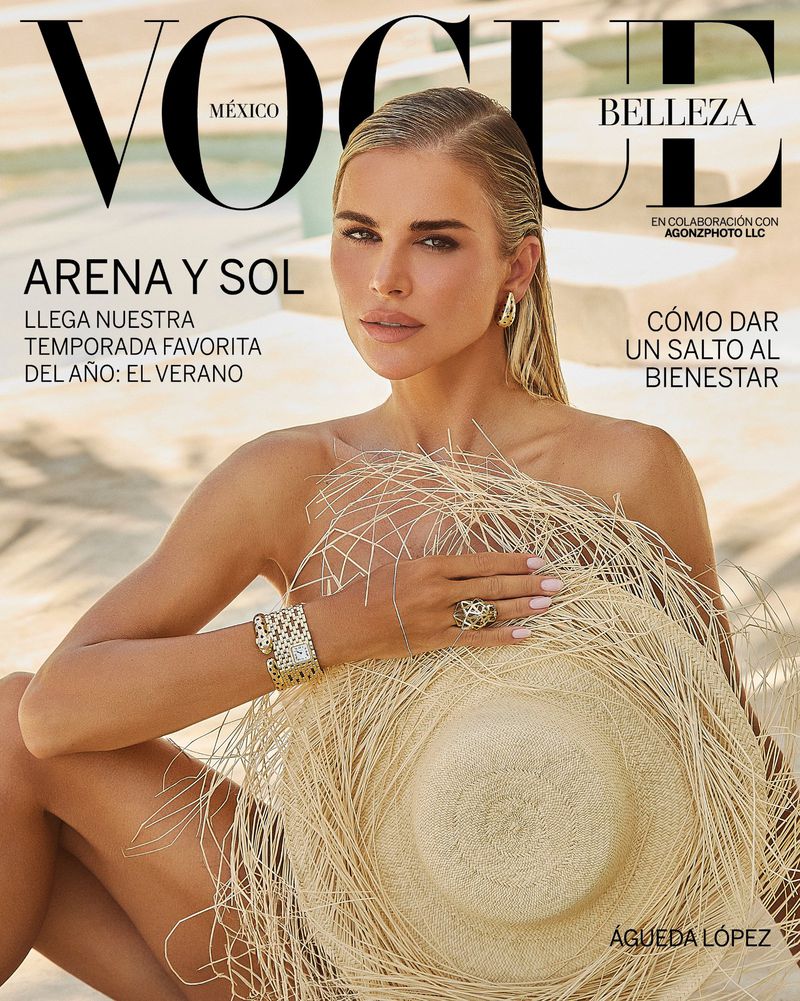 Vogue Mexico cover featuring a blonde woman with wet hair, gold jewelry, and a straw hat, in a sunlit beach setting for a summer theme.