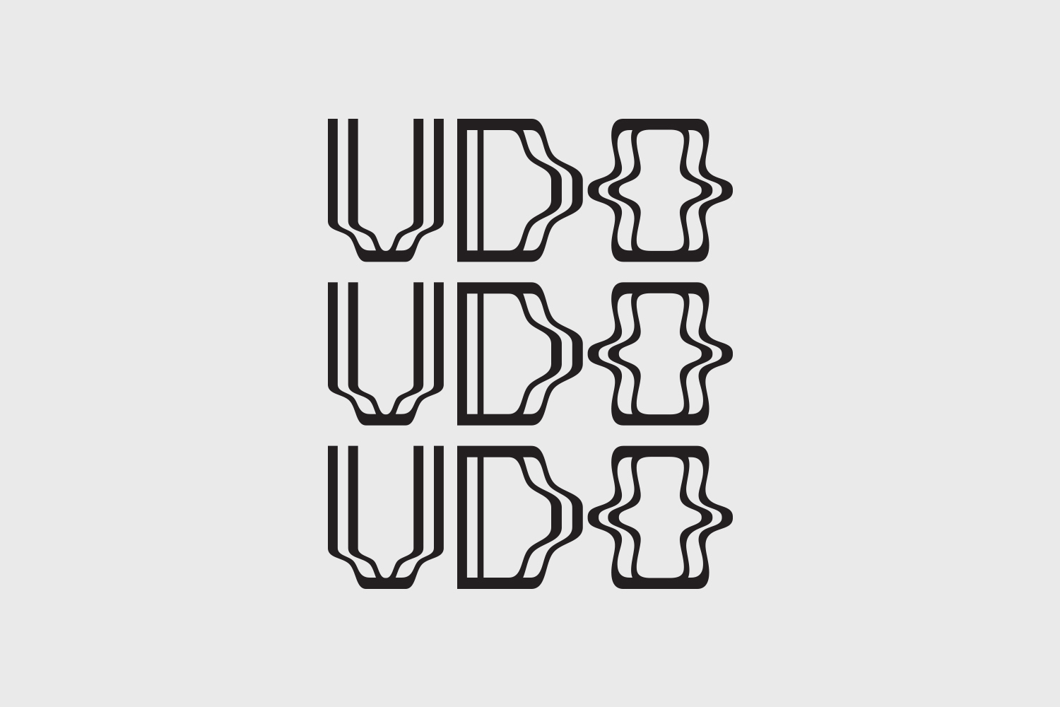 Black minimalist typographic logo design spelling UDO arranged in three rows against a neutral light grey background.