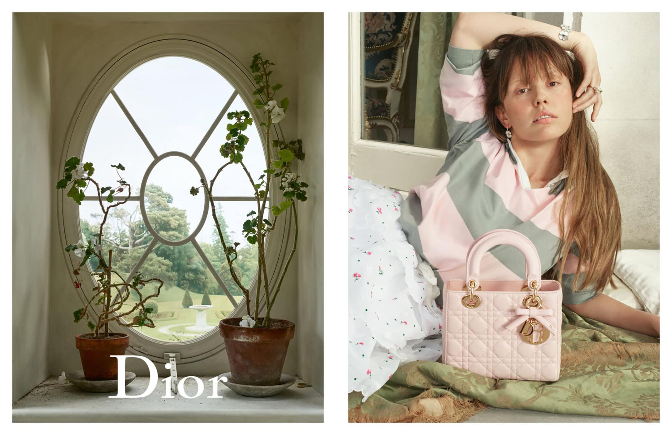 Mia Goth posing with a pink quilted Lady Dior handbag in an interior setting photographed by David Sims