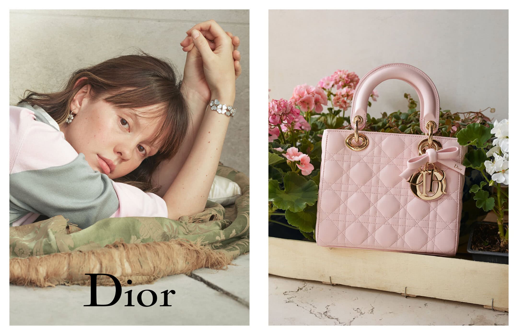 Dior campaign image featuring Mia Goth lying next to a pink Lady Dior handbag surrounded by flowers, photographed by David Sims.