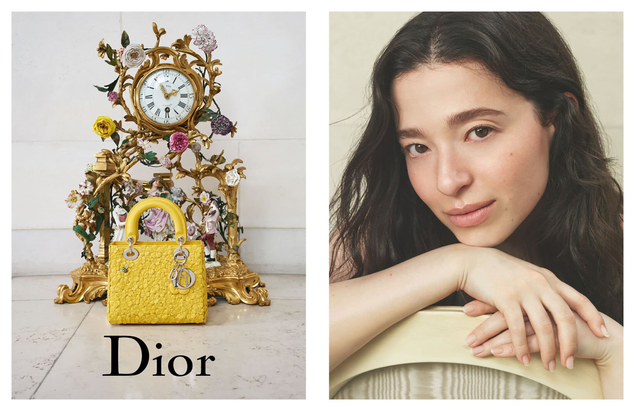 Dior advertising campaign featuring a yellow Lady Dior handbag beside an ornate clock and a portrait of Mia Goth.