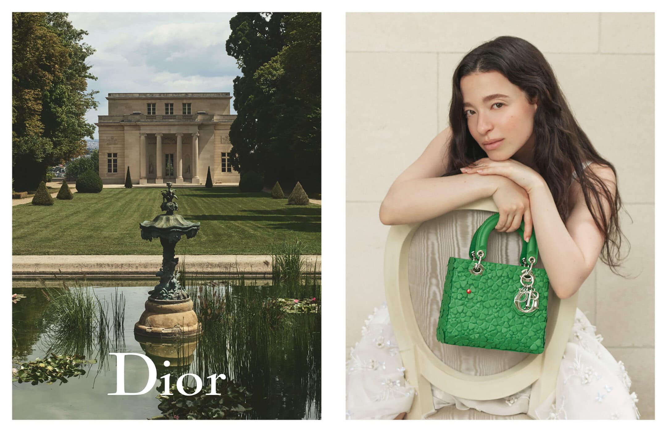 Model leaning on a chair holding a green textured handbag with the Dior brand name and a classical estate exterior view