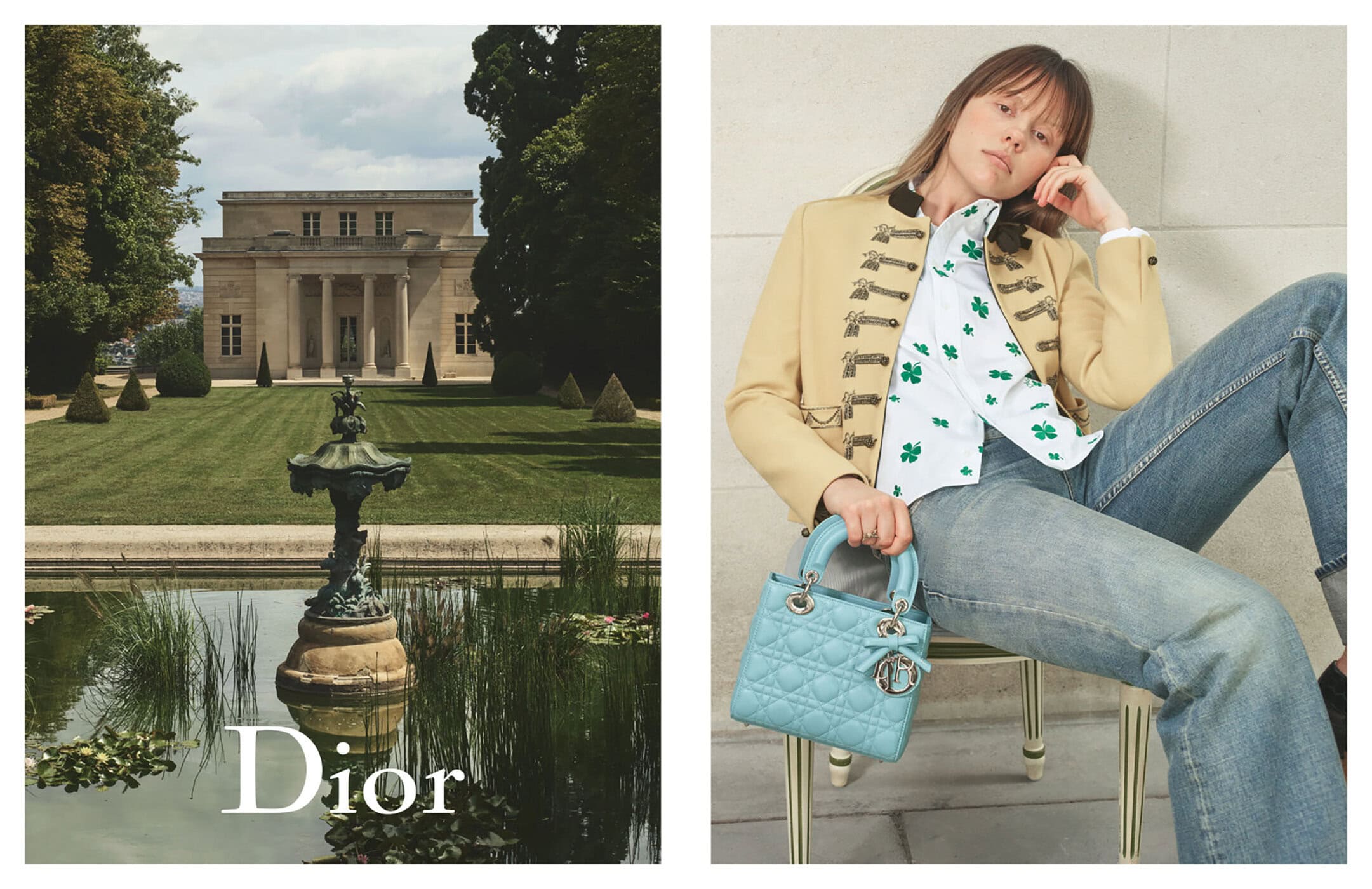 Diptych image featuring a classic stone building on the left and a model wearing a tan jacket holding a blue handbag on the right.