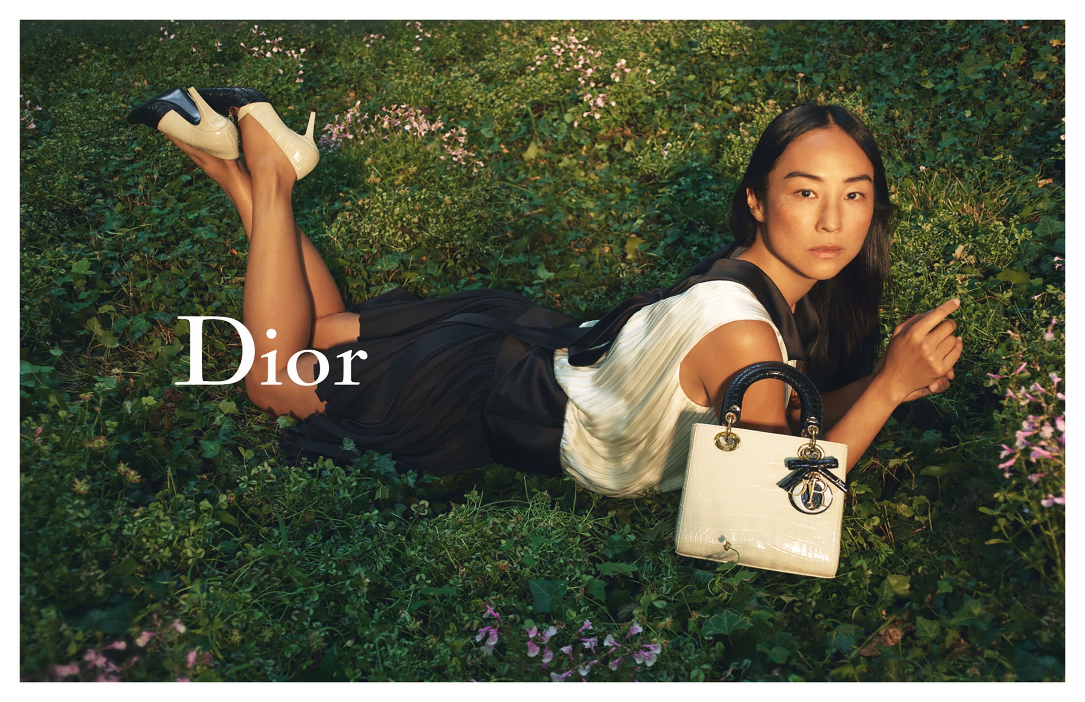Model lying in a grassy meadow holding a white Lady Dior handbag for the 2025 ad campaign shot by David Sims