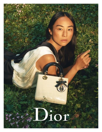Greta Lee lying in a grassy meadow posing alongside a white Lady Dior handbag for the 2025 campaign.