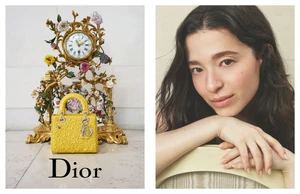 Dior advertising campaign featuring a yellow Lady Dior handbag beside an ornate clock and a portrait of Mia Goth.