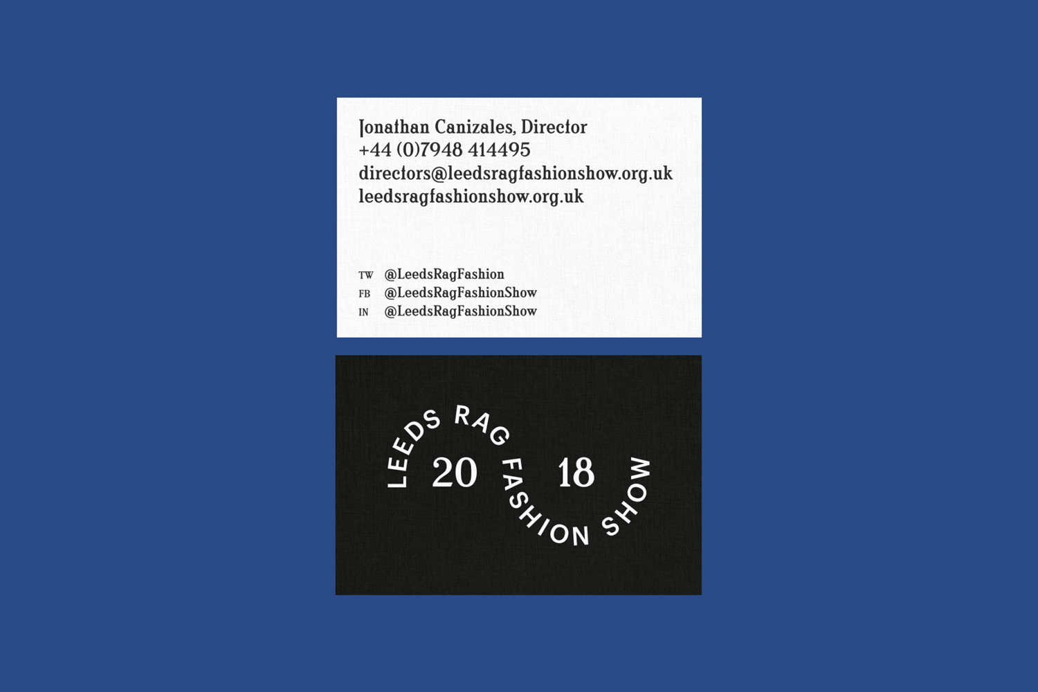 Leeds RAG Fashion Show brand identity business card design showing contact details and logo on blue background