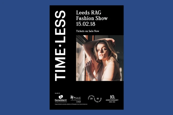 Black event poster featuring bold vertical white text spelling TIME LESS and an inset photograph of a woman with blonde hair.