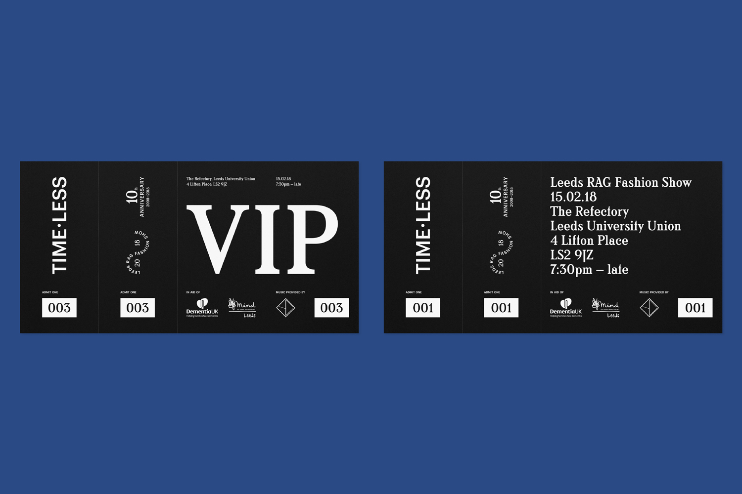 Two black fashion event tickets with white typography and VIP designation displayed against a solid blue background.
