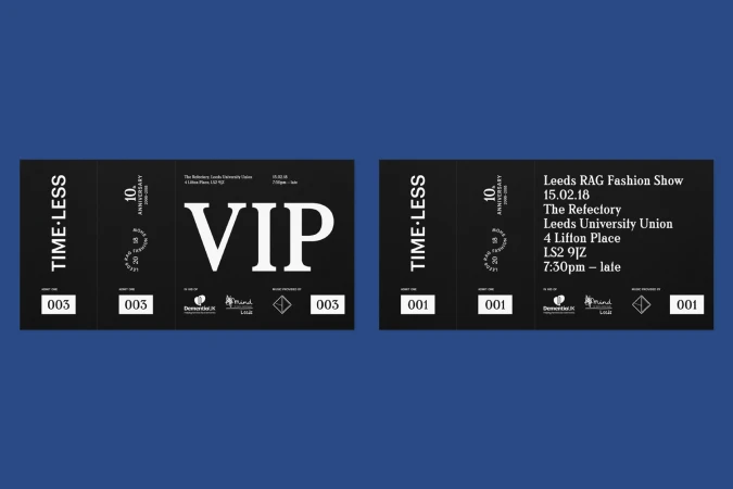 Two black fashion event tickets with white typography and VIP designation displayed against a solid blue background.