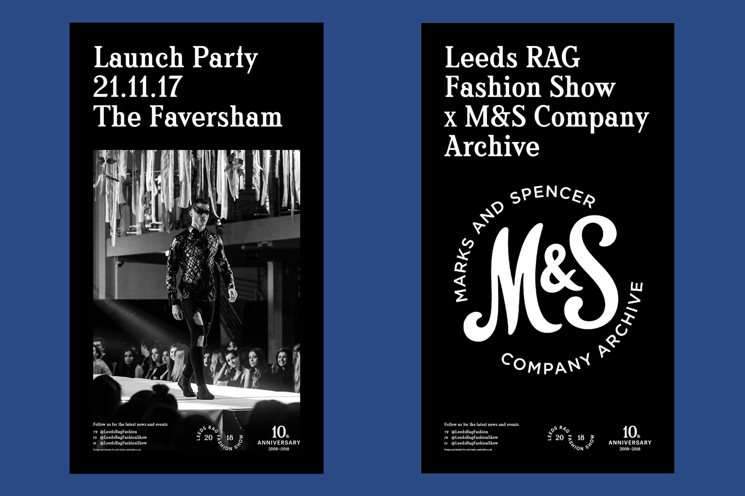 Two black vertical graphic design posters with white typography and a monochrome runway photograph for Leeds RAG Fashion Show
