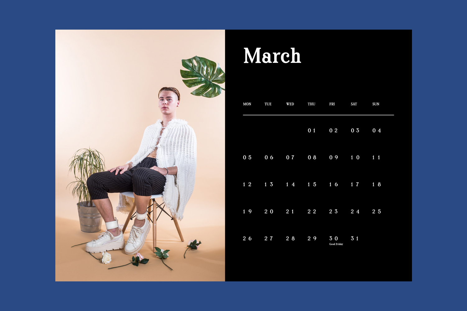 Man seated on chair with white knit poncho next to a black panel featuring March calendar typography.
