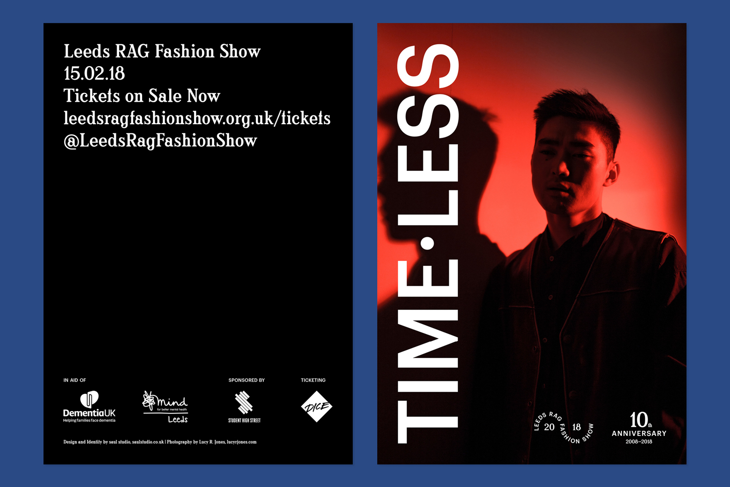 Two-panel promotional poster for Leeds RAG Fashion Show featuring event details on the left and a portrait of a man under red light on the right