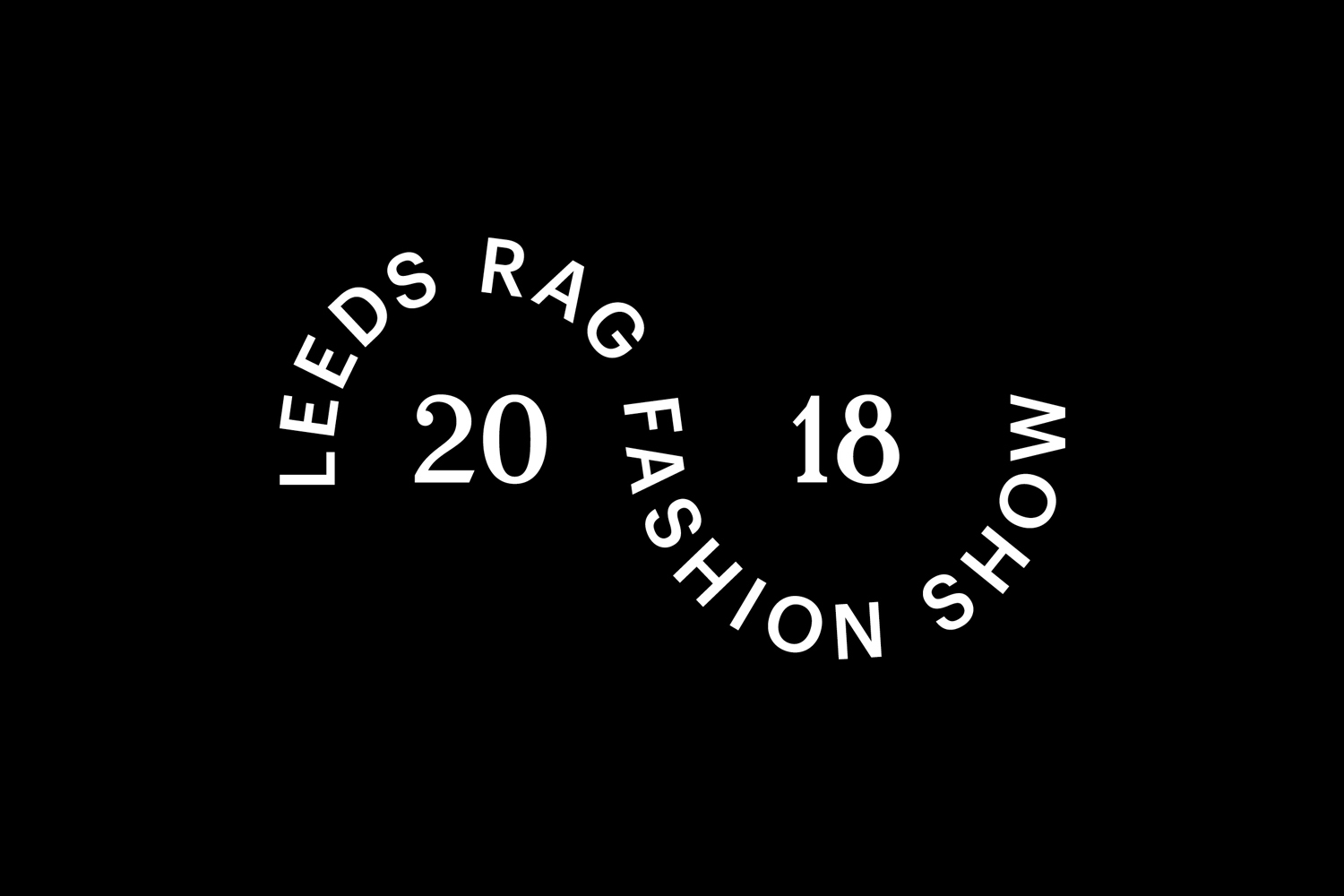 Leeds Rag Fashion Show brand identity logo with white curved typography on a solid black background.