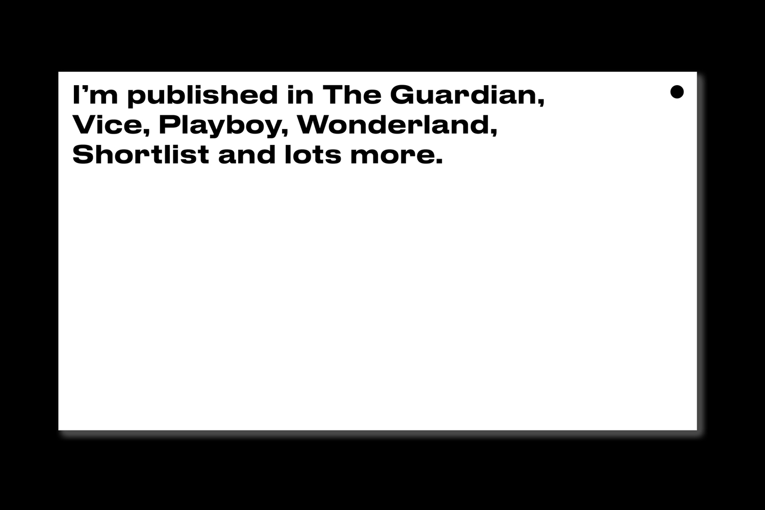 A white business card with black typography reading text publications and a single black dot in the upper right corner.
