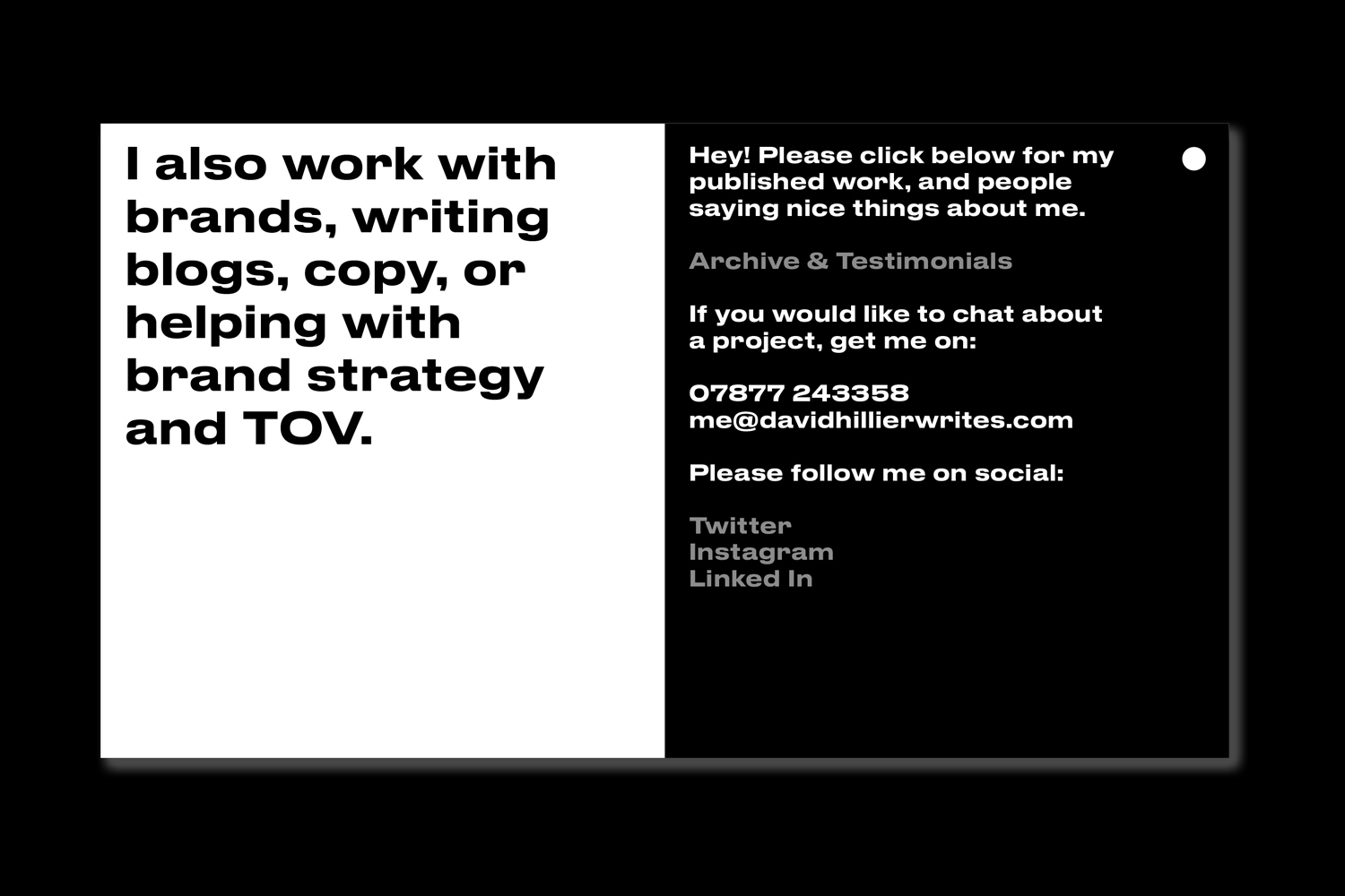 Monochrome graphic design layout featuring bold typography with white text on black and black text on white backgrounds.