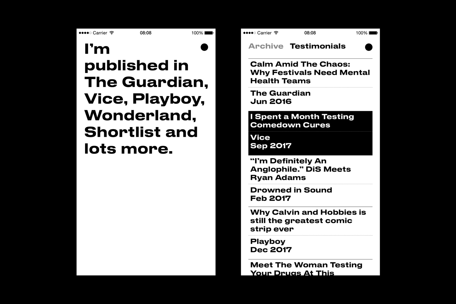 Two mobile phone interface screens displaying bold black typography on a white background for a brand identity project.