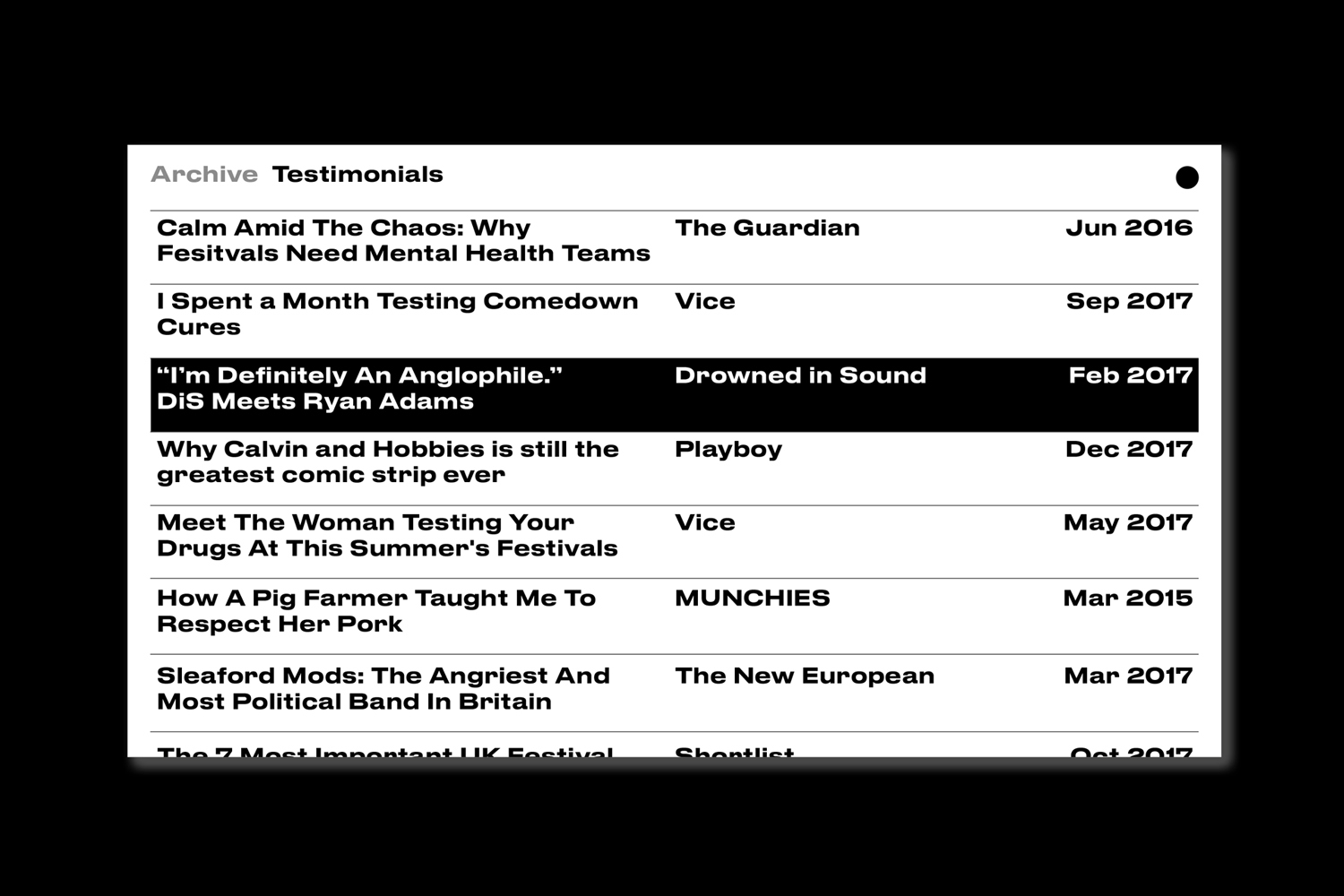 Archive testimonials list interface with typography and publication dates for brand identity design.