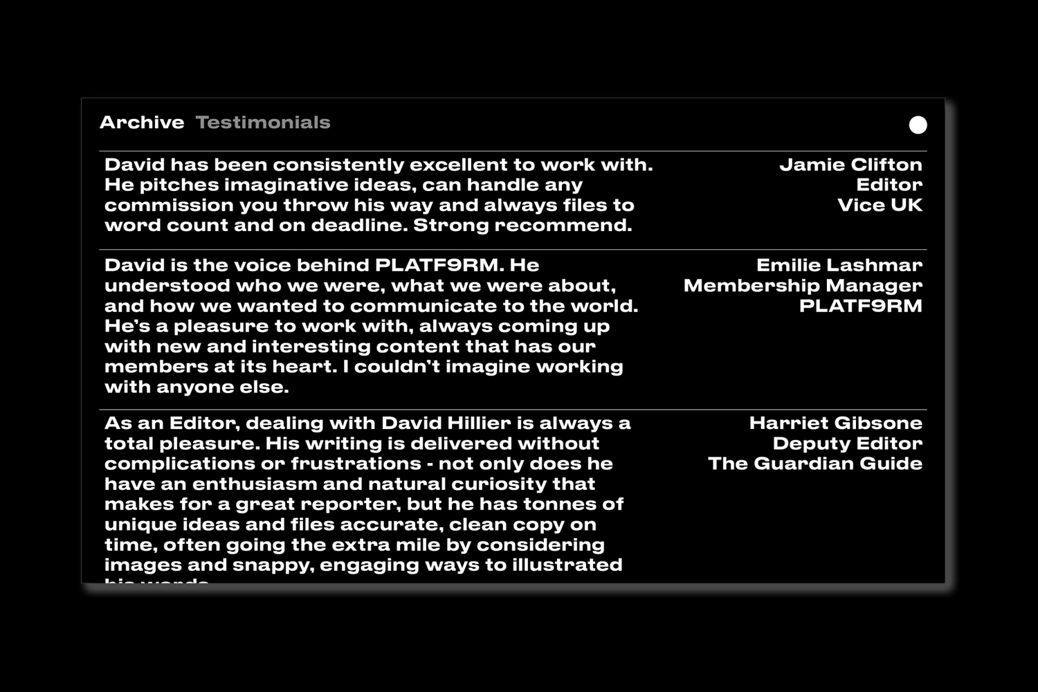 Archive testimonials interface design featuring client reviews in white typography on a black background