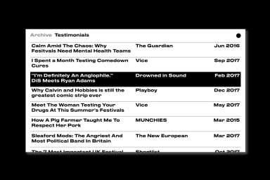 Archive testimonials list interface with typography and publication dates for brand identity design.