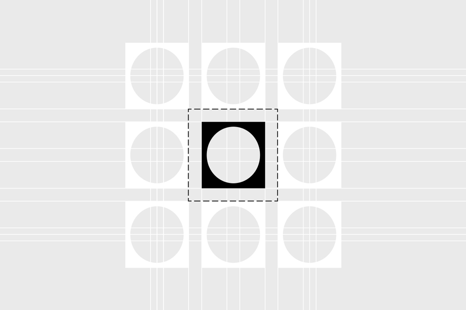 Graphic design brand identity element featuring a central black square containing a white circle surrounded by a grid of light grey shapes.