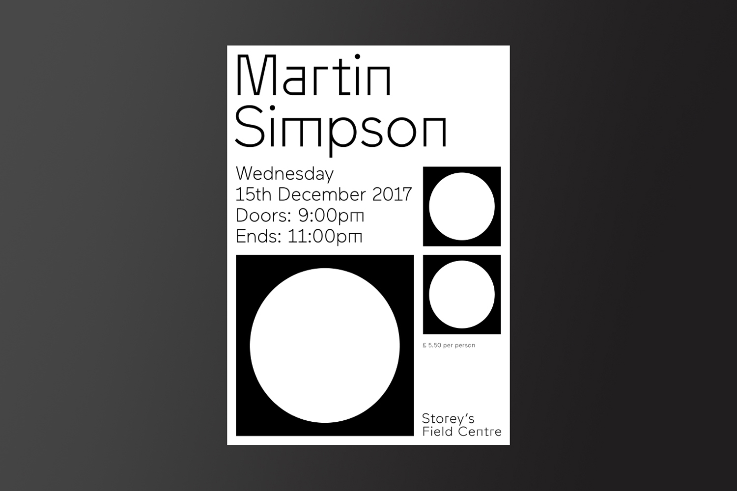 Minimalist black and white poster design featuring bold typography and geometric circle shapes for Storeys Field Centre.