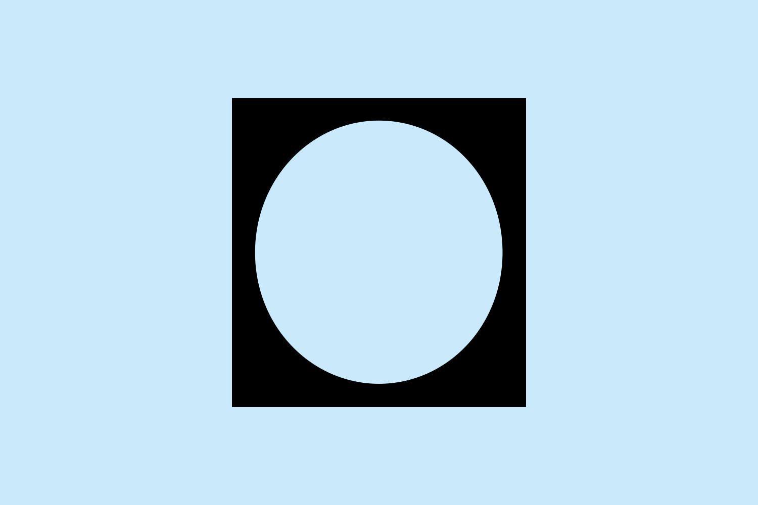 Minimalist graphic design with a light blue circle inside a black square set against a solid pale blue background