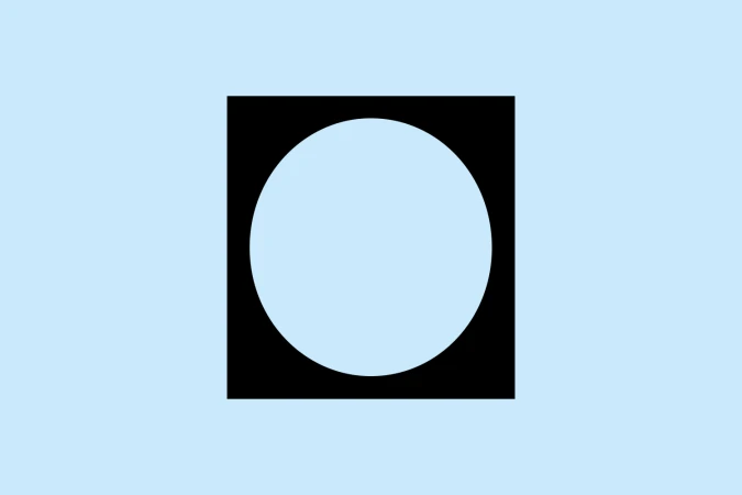 Minimalist graphic design with a light blue circle inside a black square set against a solid pale blue background