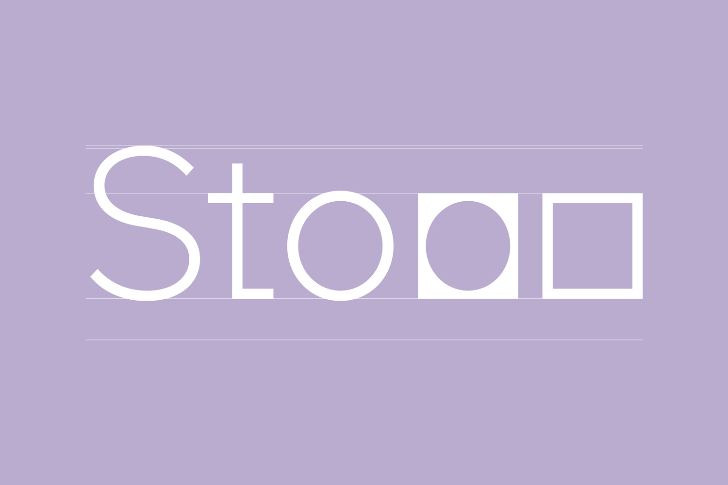 Minimalist graphic design brand identity for Storey's Field Centre featuring white typography with geometric letterforms on a light purple background