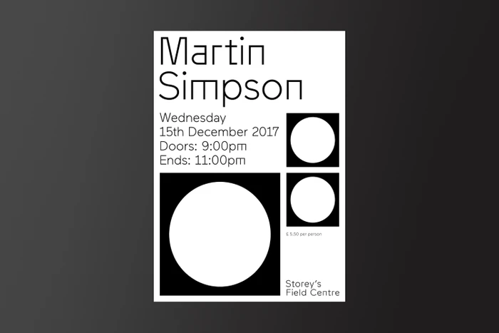 Minimalist black and white poster design featuring bold typography and geometric circle shapes for Storeys Field Centre.