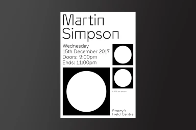 Minimalist black and white poster design featuring bold typography and geometric circle shapes for Storeys Field Centre.