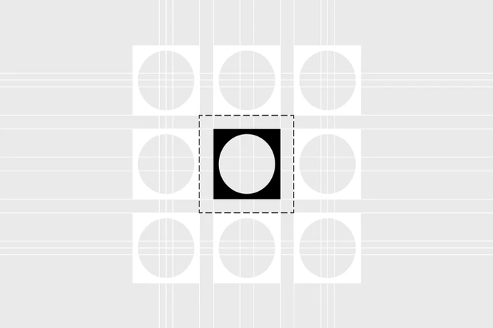 Graphic design brand identity element featuring a central black square containing a white circle surrounded by a grid of light grey shapes.