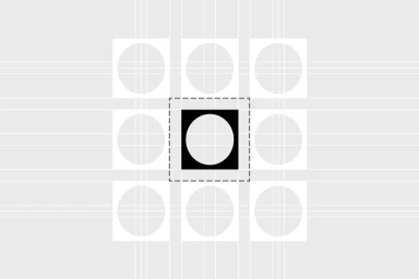 Graphic design brand identity element featuring a central black square containing a white circle surrounded by a grid of light grey shapes.