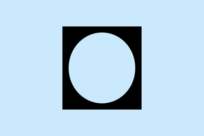 Minimalist graphic design with a light blue circle inside a black square set against a solid pale blue background